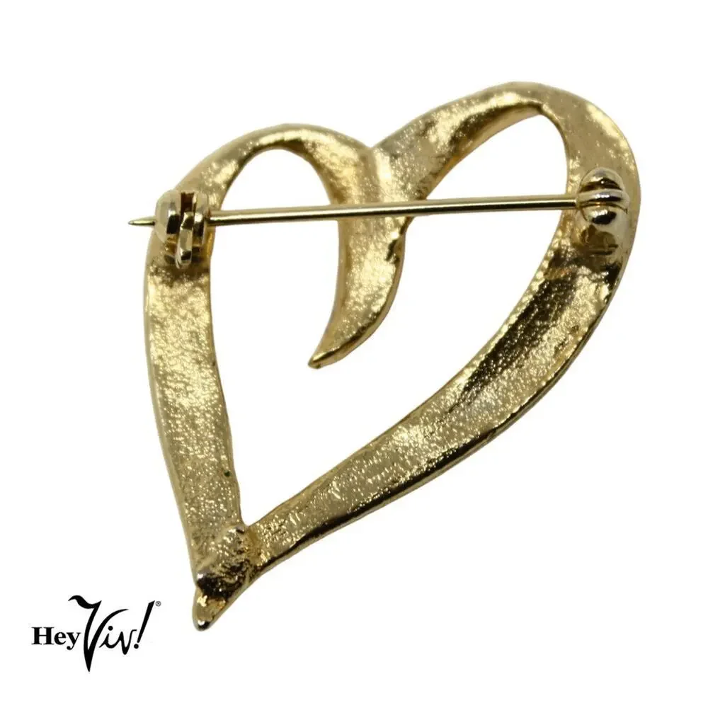 Vintage Gold Tone Open Heart Brooch Pin Rhinestones Sweet Romantic 1.5
